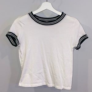 garage white t-shirt w/ green striped collar & arm